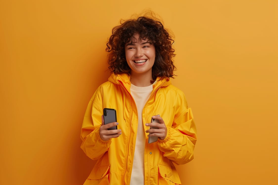 menina alegre com dois celulares na mão