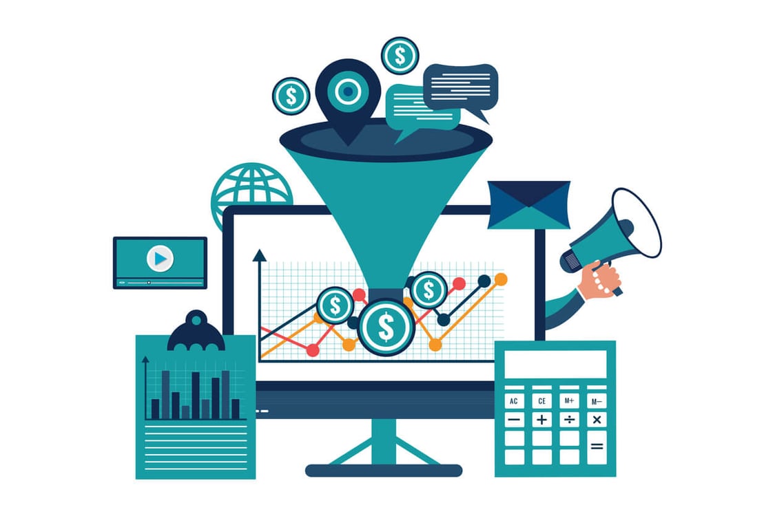 Ilustração de um funil de vendas com uma calculadora e um computador