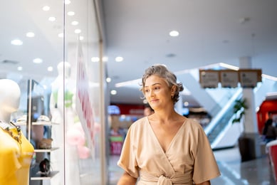 Mulher vendo a vitrine de uma loja de shopping