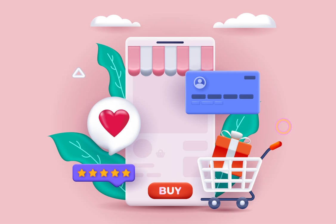 Ilustração de uma loja online com carrinho de compras e estrelas