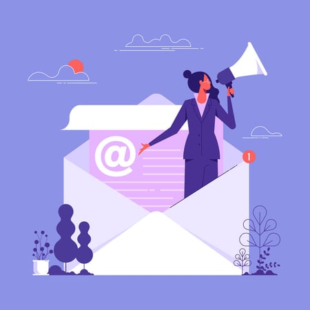 Conceito de informação de e-mail marketing - mulher com megafone